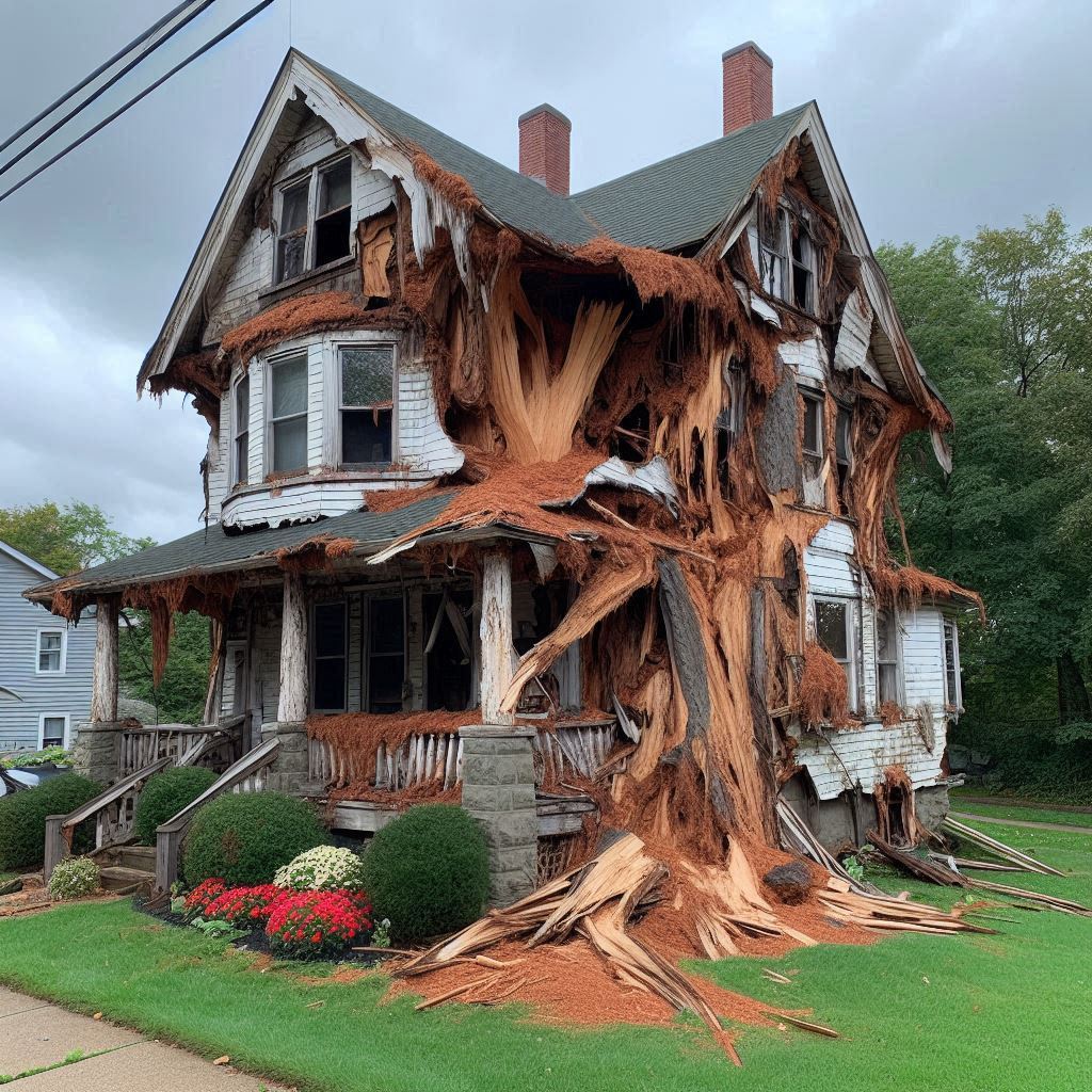 Damaged tree on an North Aurora home showing signs of disease and decay